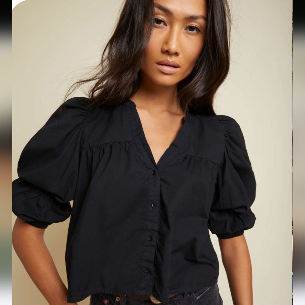 Nation LTD Geneva Cropped Blouse Sz S Pima Cotton Black V-Neck Puff Sleeves